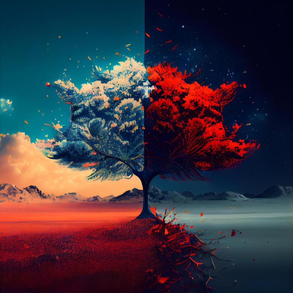 Trees in surreal surreal landscape. Digital painting. 3D illustration., Image photo