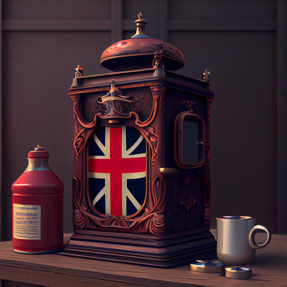Vintage clock with engraving British flag. 3D rendering, Image photo