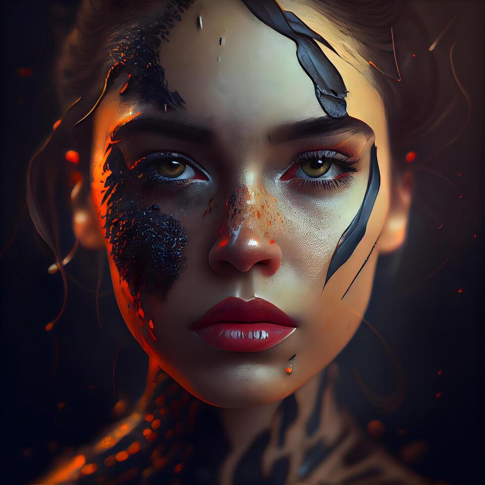 Portrait of a beautiful girl with blood on her face. Halloween theme., Image photo