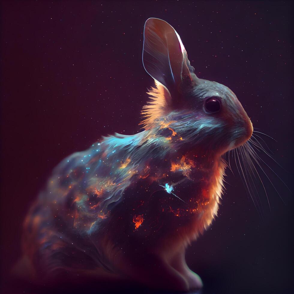 Rabbit in space with stars and nebula. 3d rendering, Image photo