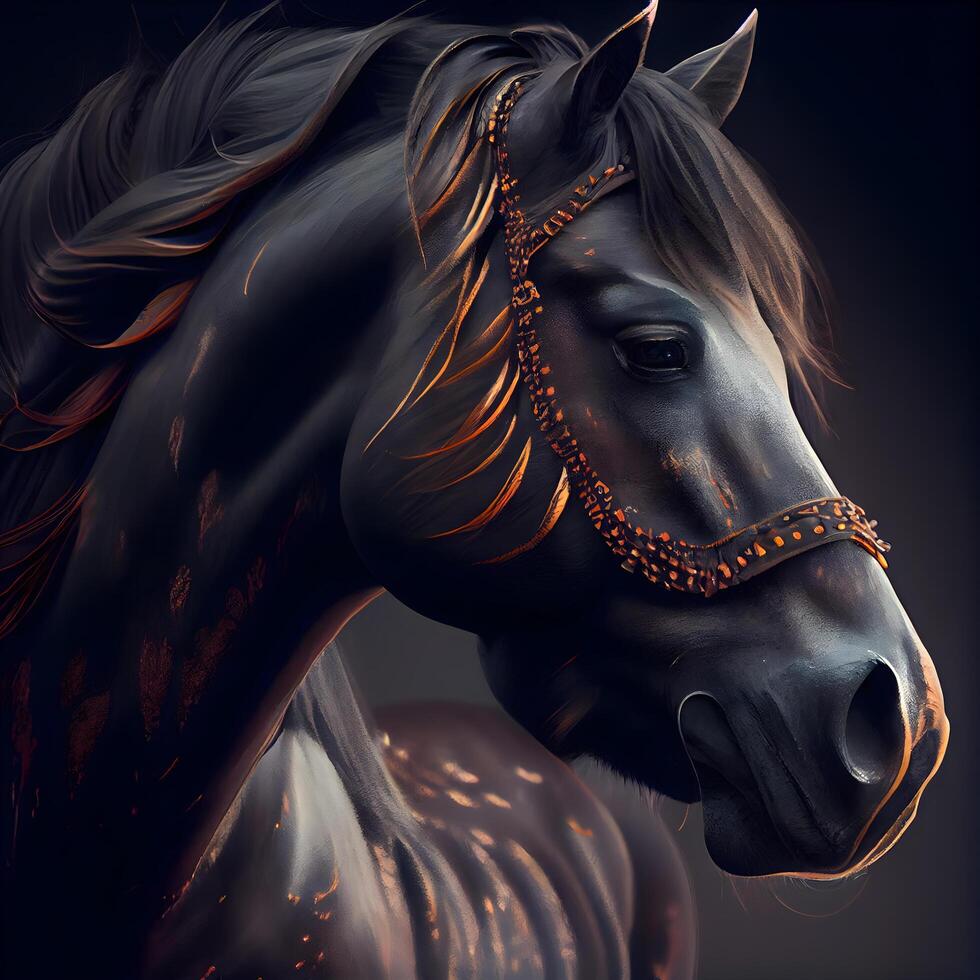 Horse portrait in black and orange colors. Digital art painting., Image photo