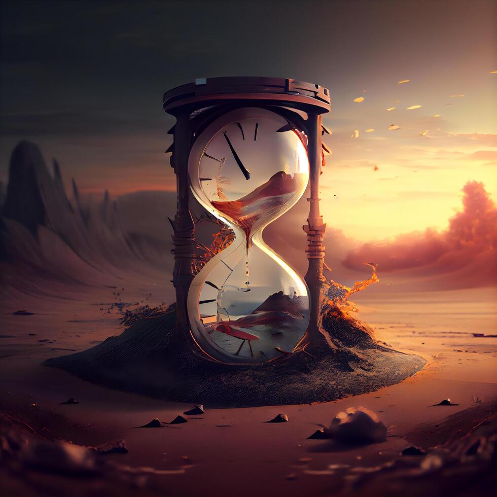 Time concept with hourglass on sand beach. 3d render illustration, Image photo