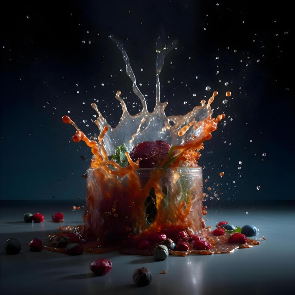 Chocolate with fruits and chocolate splashes on a black background., Image photo