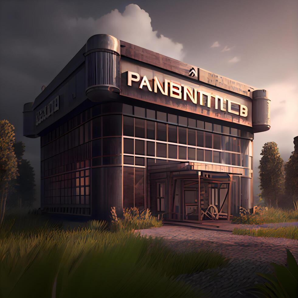 3D rendering of an old pharmacy building in the middle of a field, Image photo