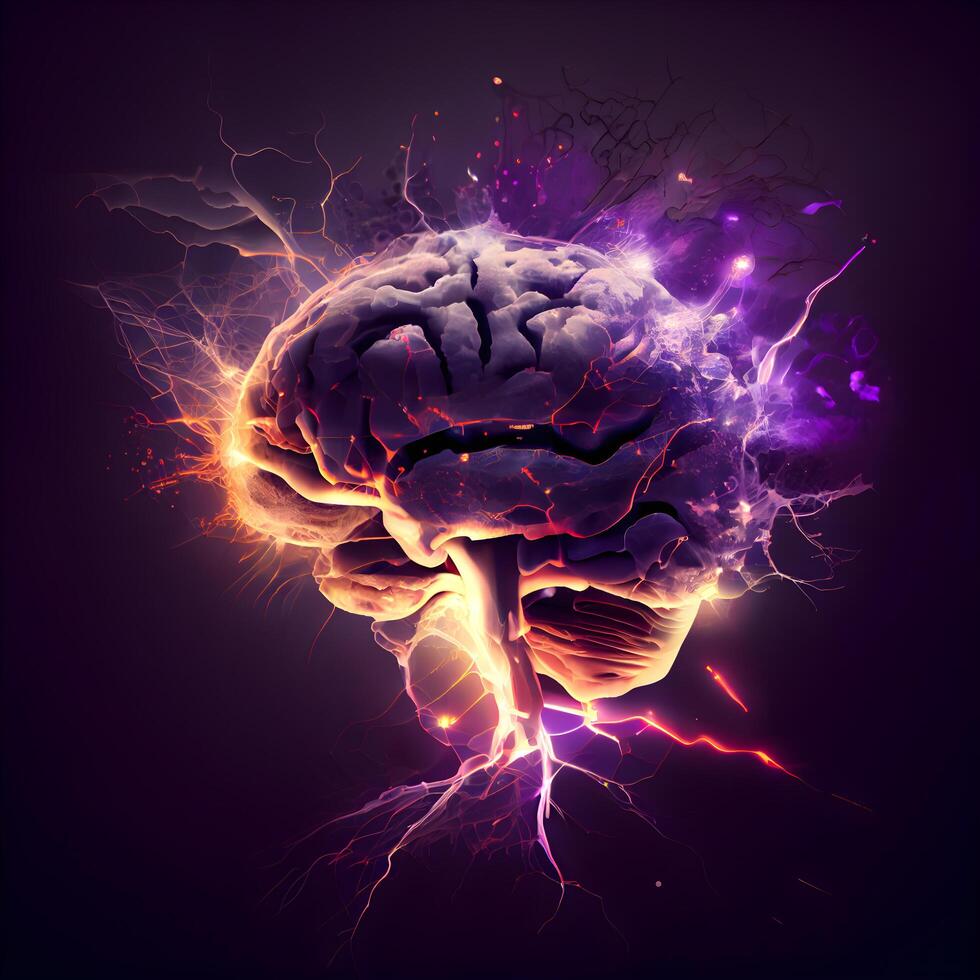 Human brain with lightning on a dark background. 3D illustration., Image photo