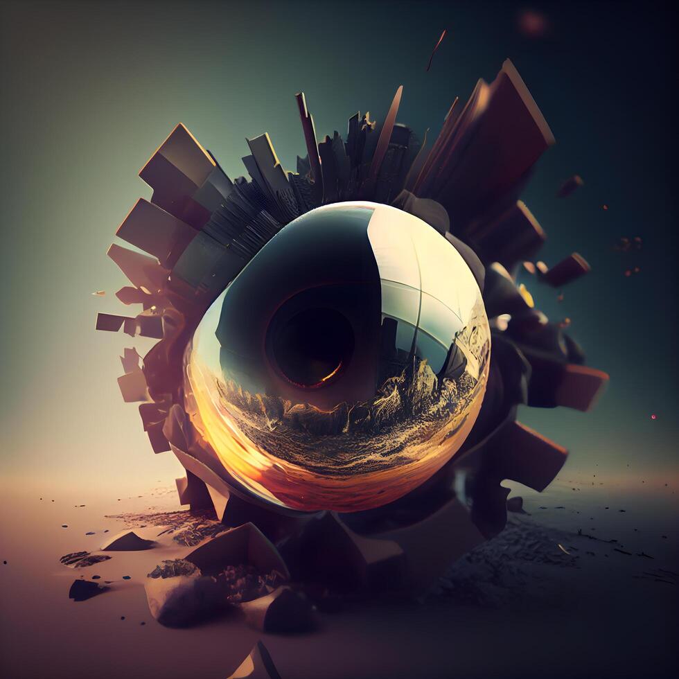 3d render of a crystal ball with a city in the background, Image photo