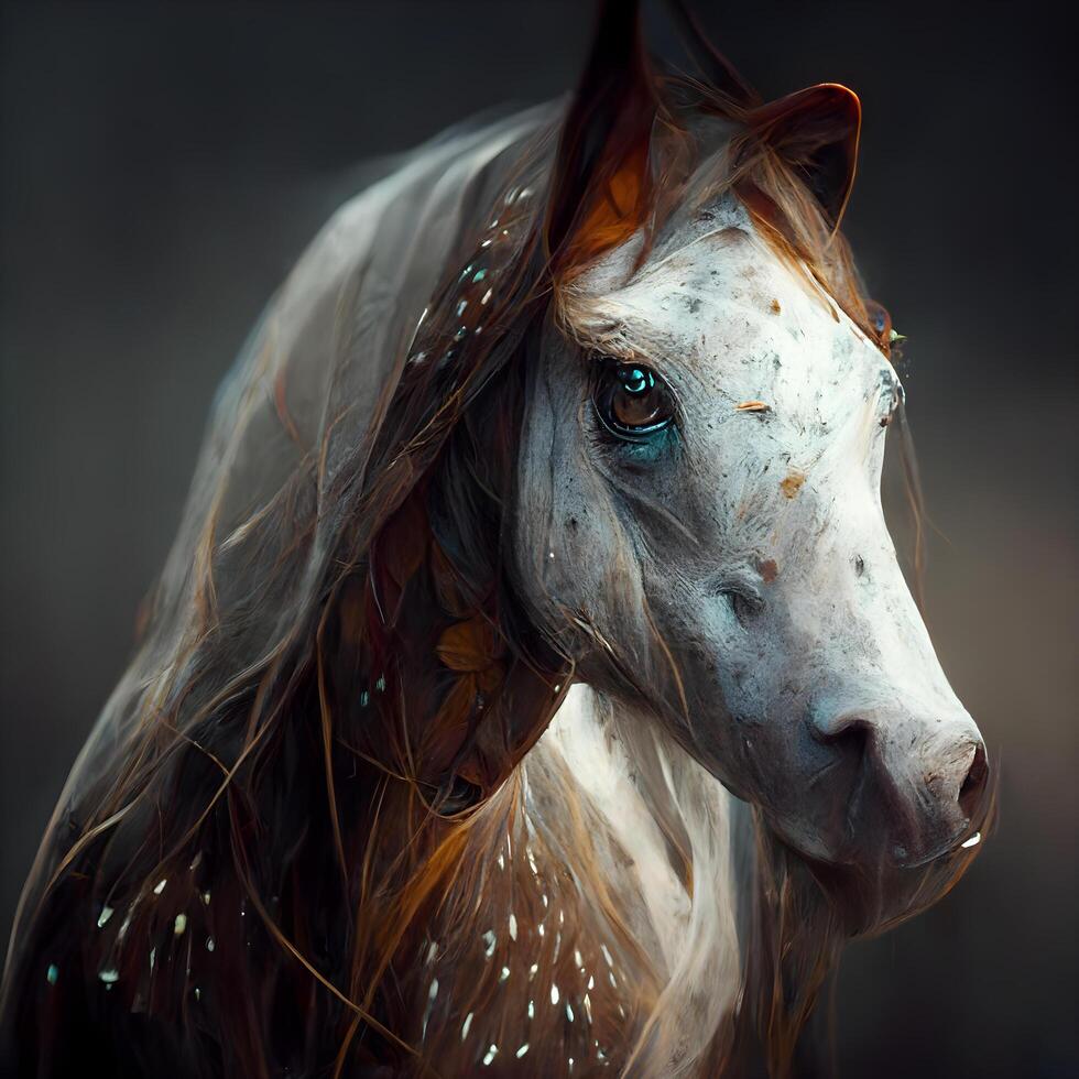 portrait of a white horse with long mane on dark background, Image photo