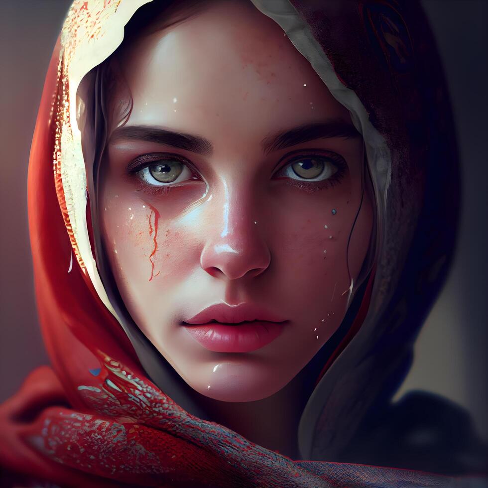 Portrait of a beautiful young woman in a red veil. Beauty, fashion., Image photo