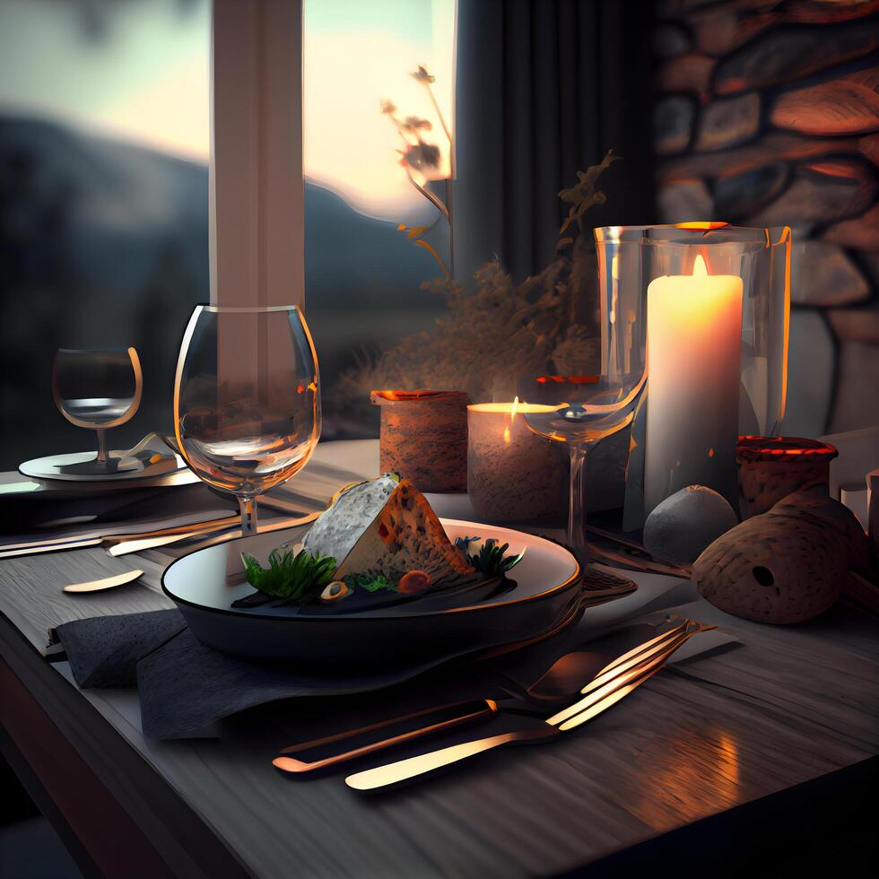 Romantic dinner in the interior of a country house. 3D rendering, Image photo