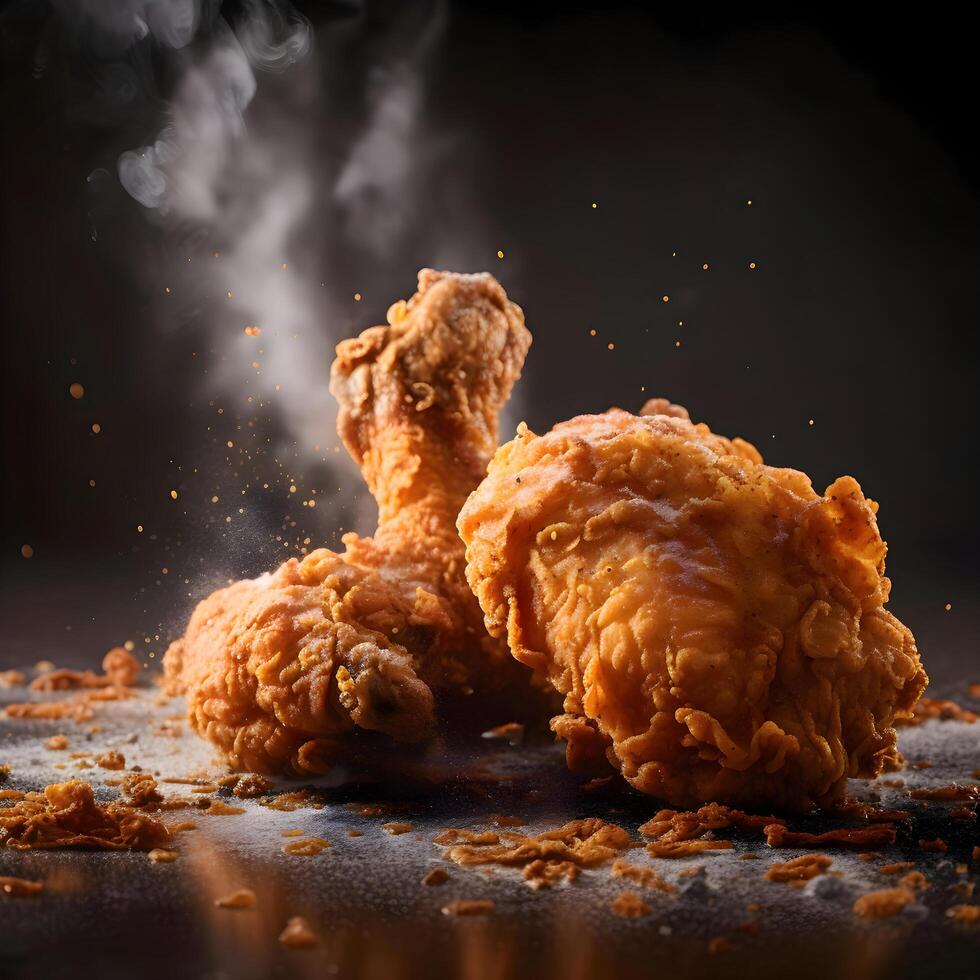 Fried chicken on a black background with smoke. Selective focus., Image photo