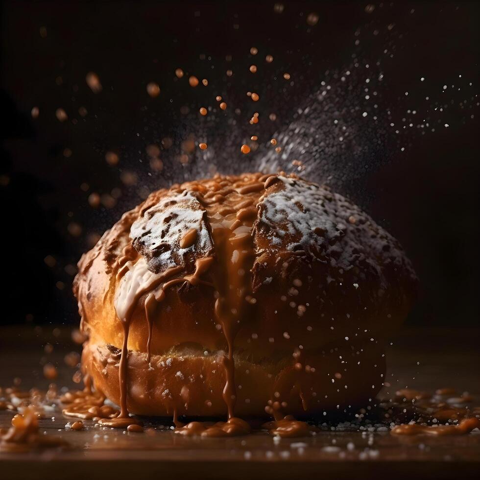 Bun with sesame seeds and sprinkled with flour on a black background, Image photo