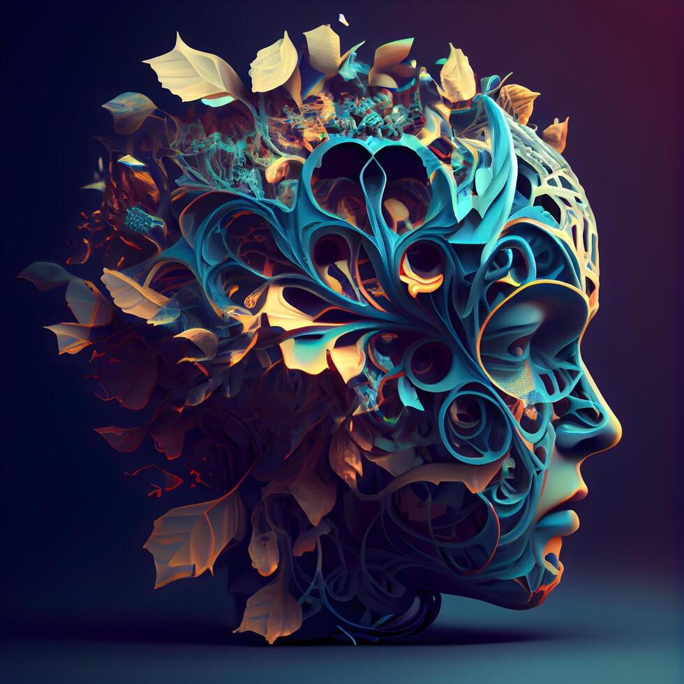 3d ilustración de resumen humano cabeza con floral modelo y hojas., ai generativo imagen foto