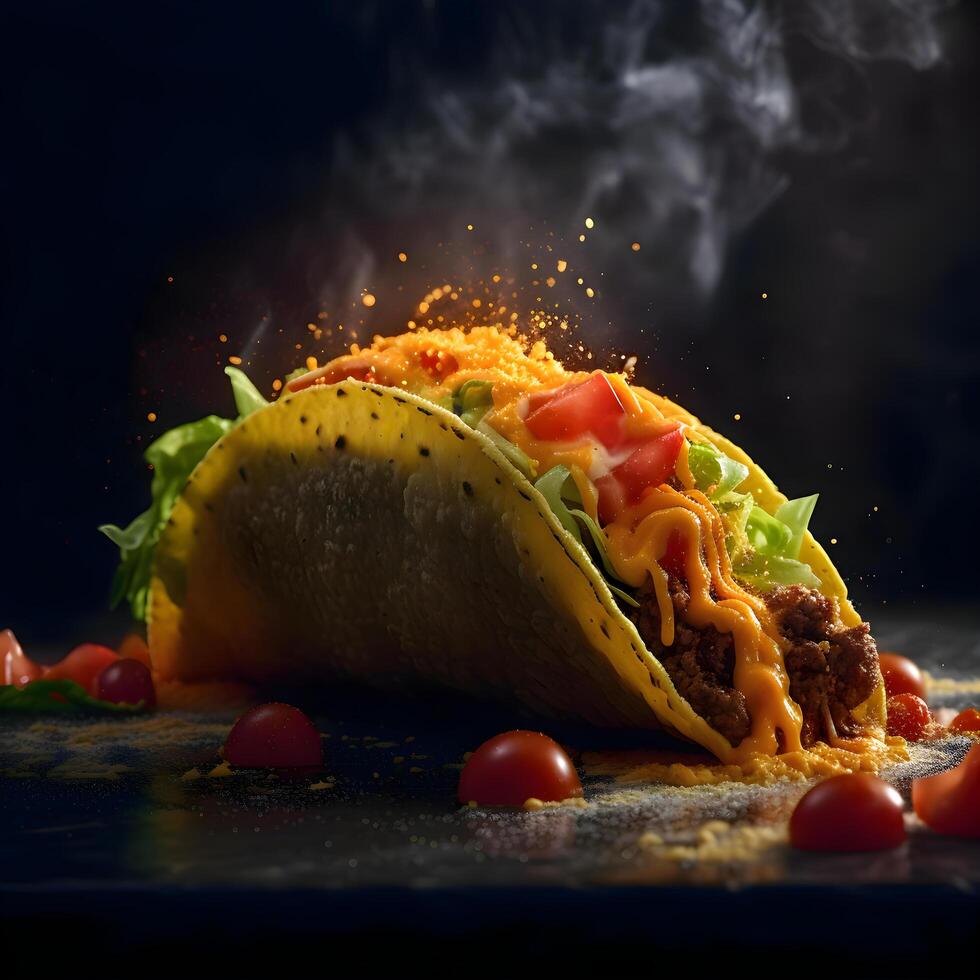 Tacos with meat, cheese and vegetables on a black background, Image photo