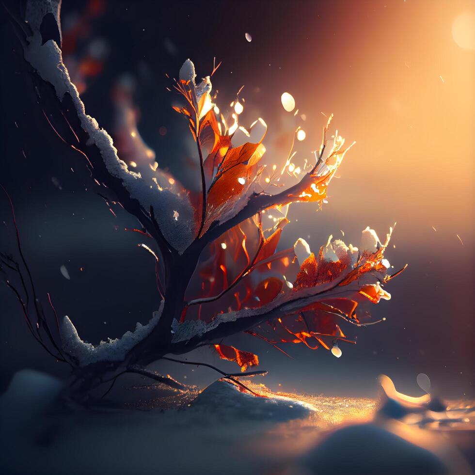 Winter landscape with frozen trees and snowflakes. 3d render, Image photo