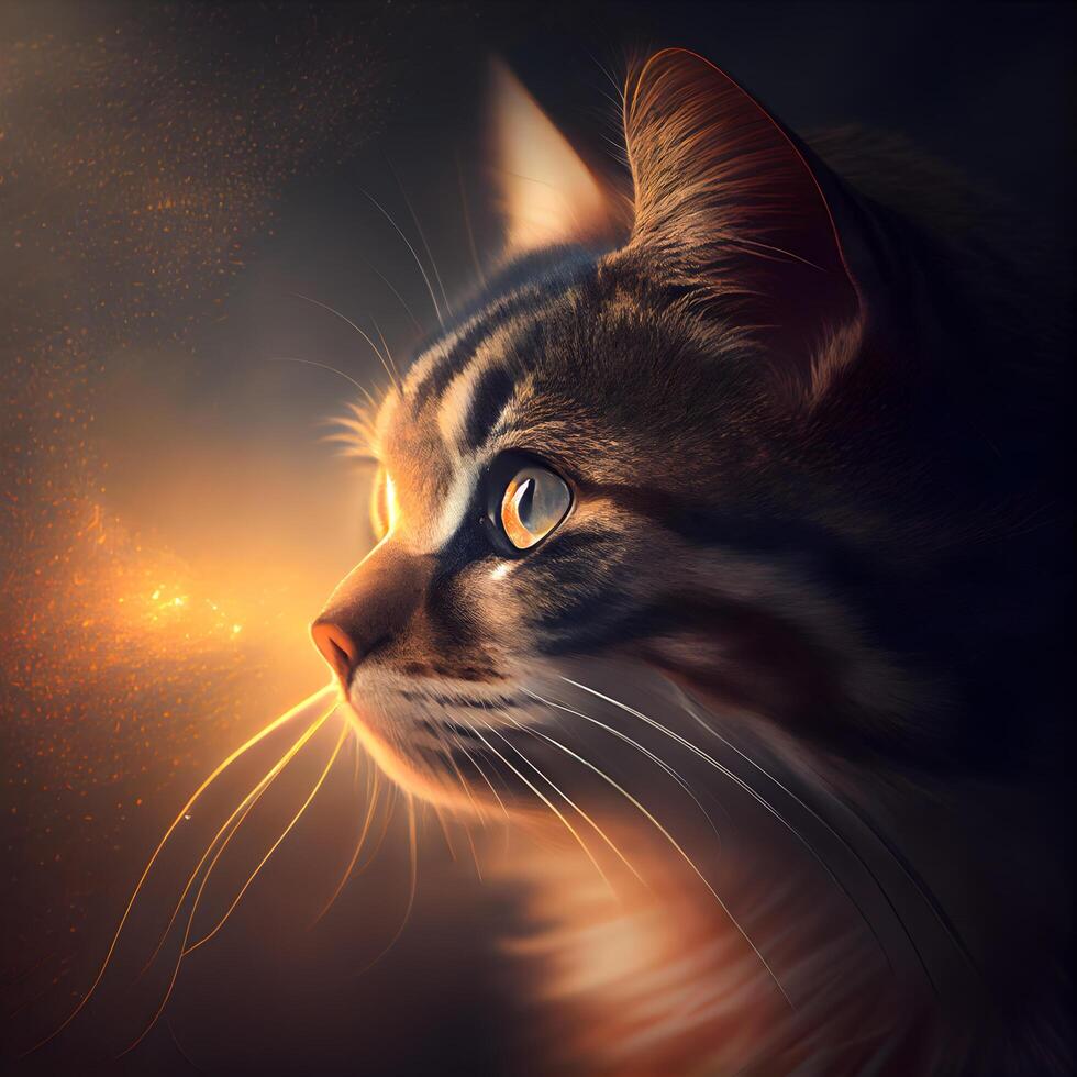 Portrait of a cat on a dark background with rays of light, Image photo