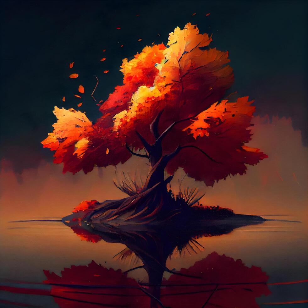 Autumn tree with reflection in water, digital painting, illustration., Image photo