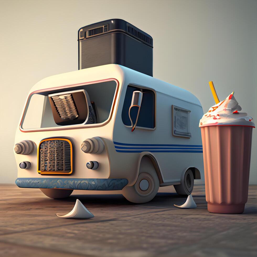 3D rendering of a campervan with ice cream and coffee, Image photo