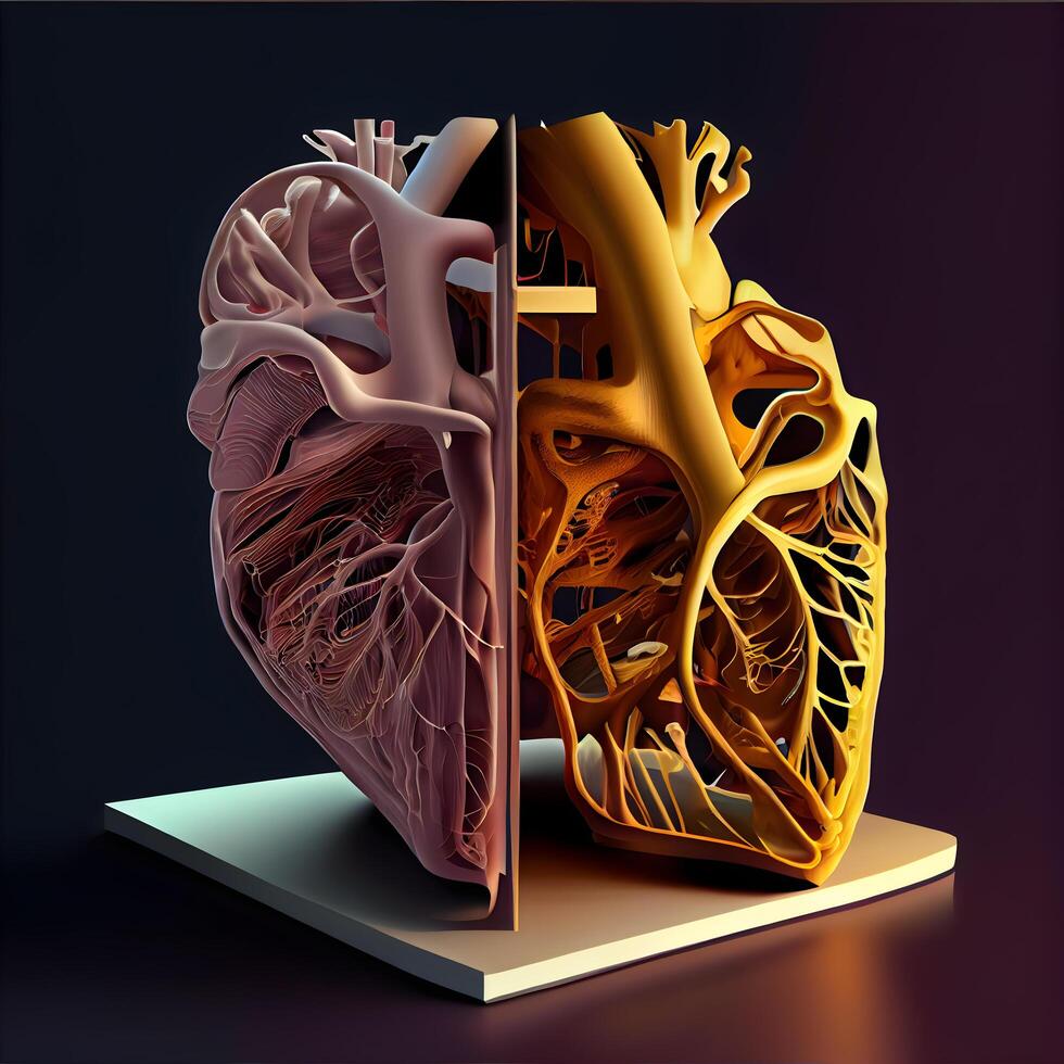 humano corazón anatomía. 3d ilustración. aislado en negro fondo., ai generativo imagen foto