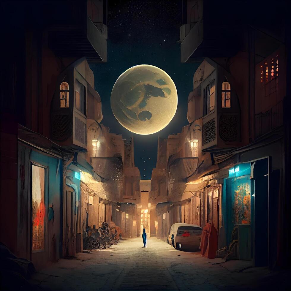 Mystical old city at night with full moon. Mixed media, Image photo