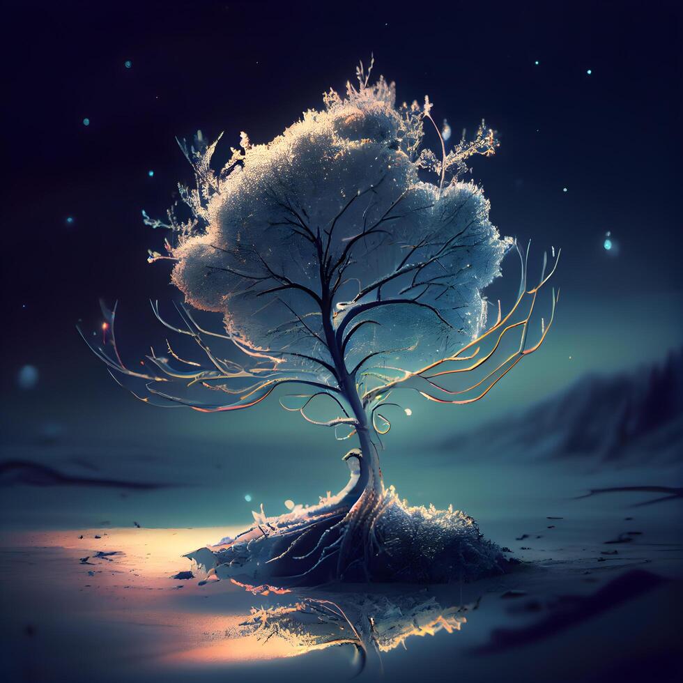 Fantasy winter tree with snow on the ground. 3d render, Image photo