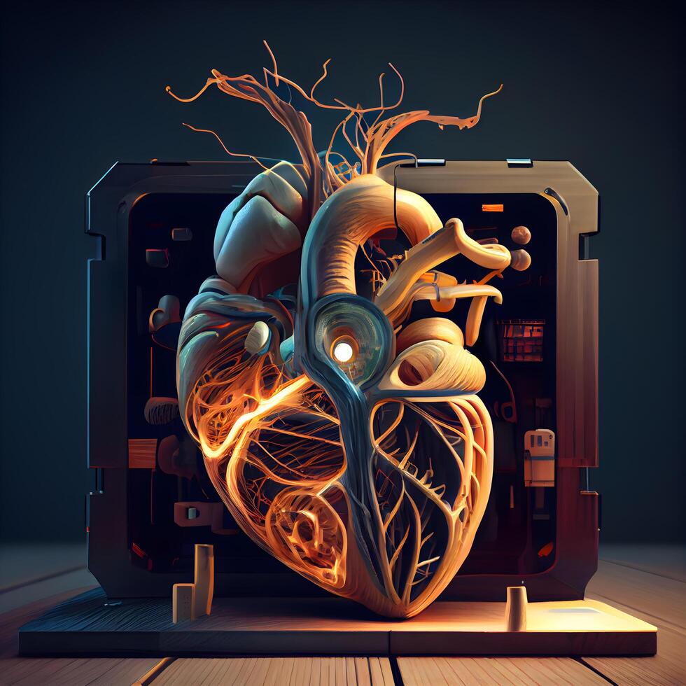 Human heart in front of a computer monitor. 3D illustration., Image photo