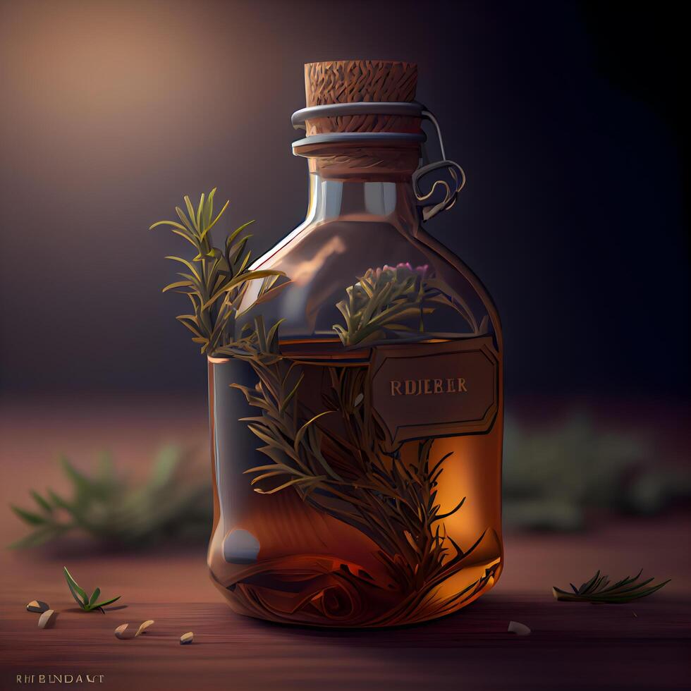 Realistic bottle of rosemary essential oil on wooden background. illustration, Image photo