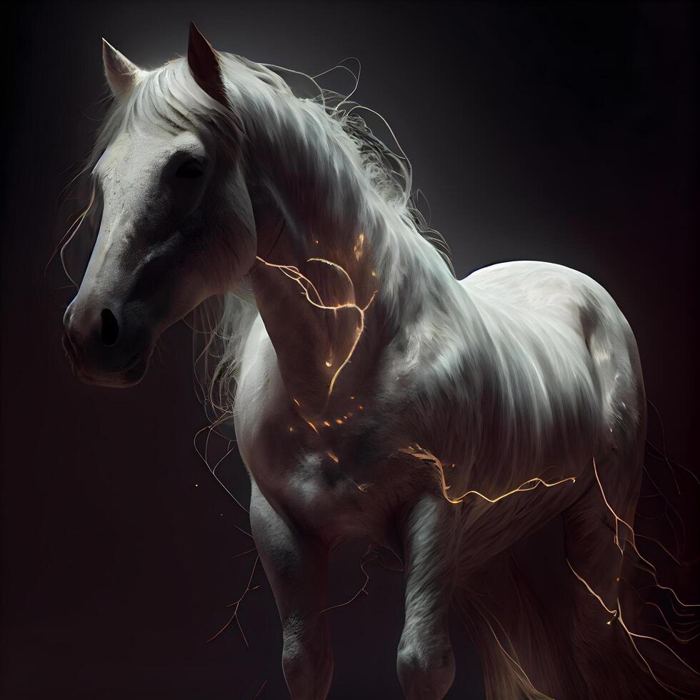 White horse with lightning on a dark background. 3d rendering., Image photo