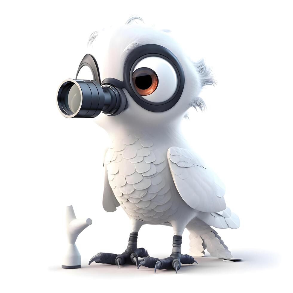 White owl with binoculars on a white background. 3d illustration, Image photo