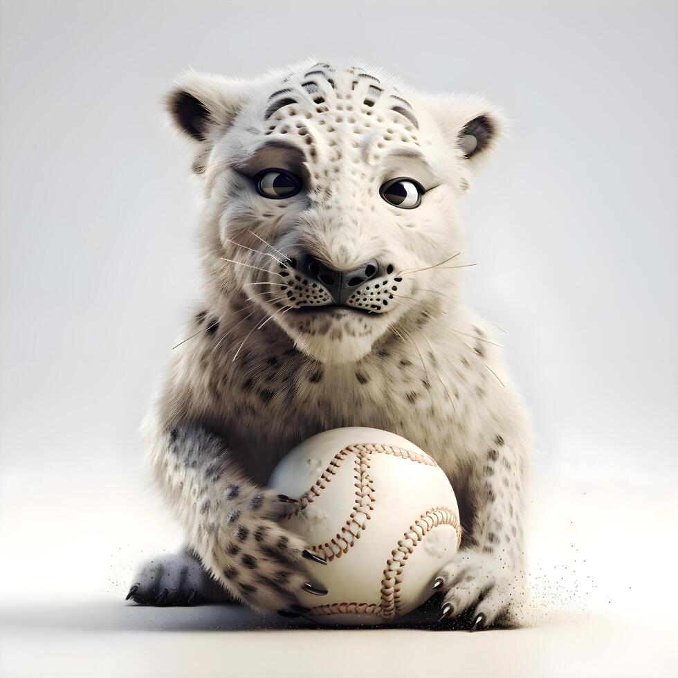 linda blanco nieve leopardo con béisbol pelota en un gris fondo, ai generativo imagen foto