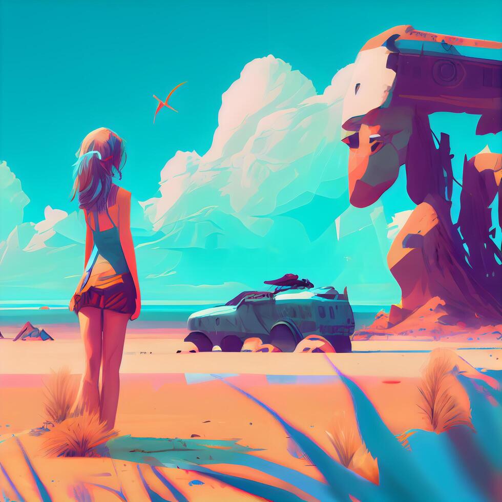 Two girls on the beach with a car. Conceptual illustration., Image photo