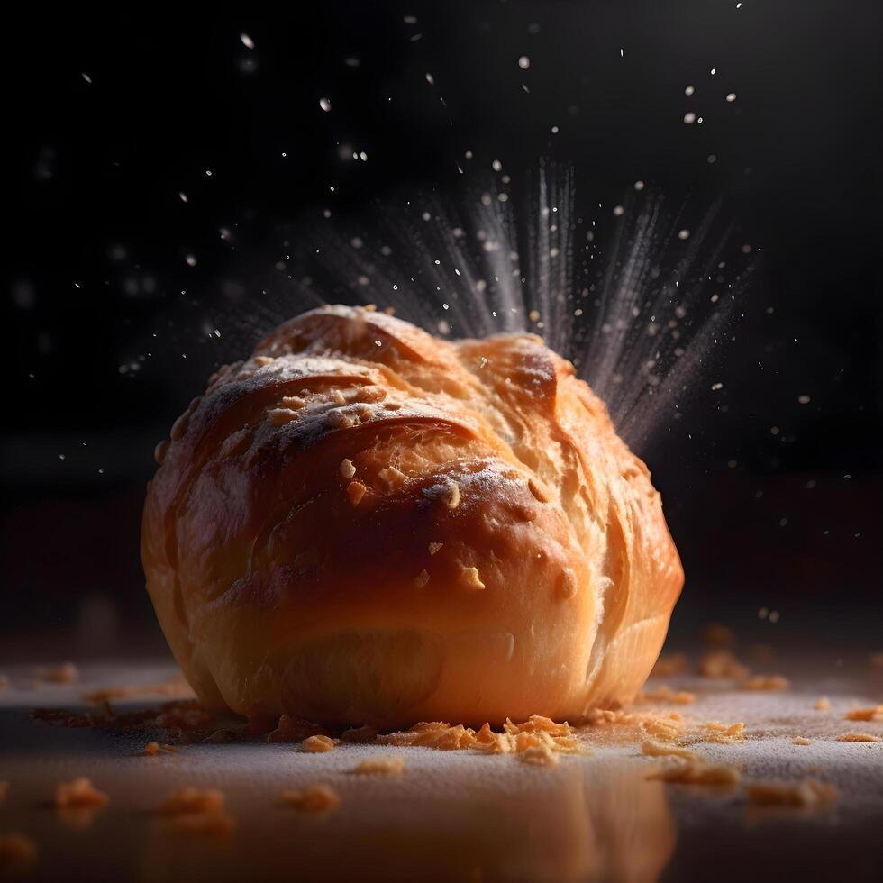 rosquilla con blanco Formación de hielo rociado con en polvo azúcar en un negro fondo, ai generativo imagen foto