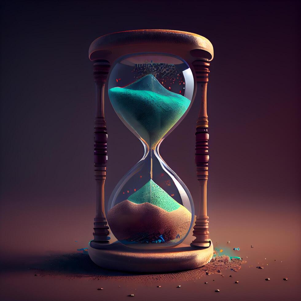 Hourglass with sand and mountains. 3D illustration. Time concept, Image photo