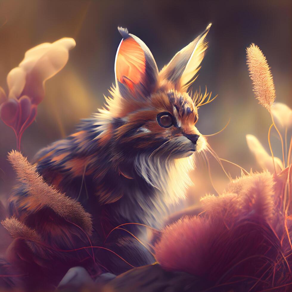 Cute little kitten in the meadow with reeds. Digital painting., Image photo