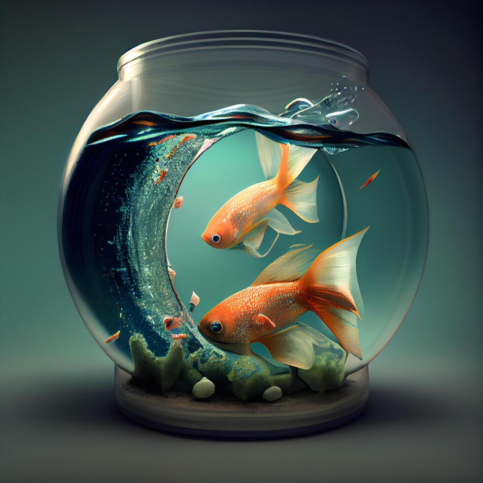 Aquarium with goldfish. 3D illustration. Vintage style., Image photo