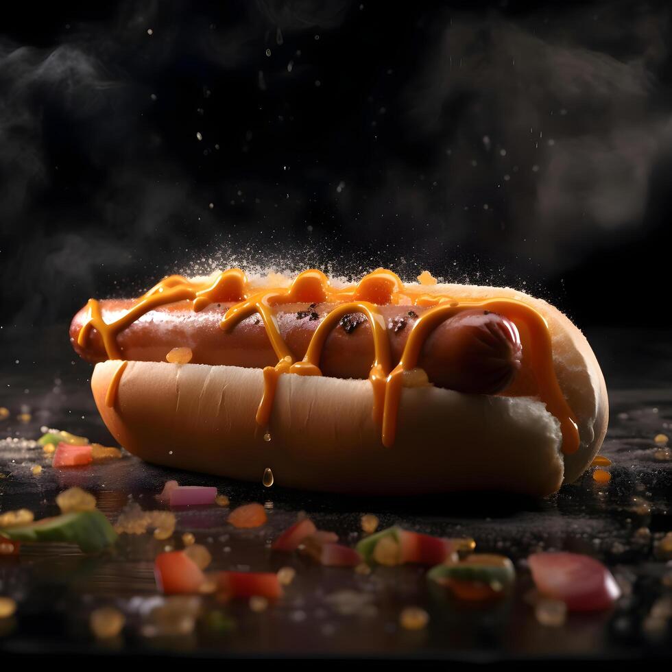 Hot dog with mustard and smoke on black background. 3d illustration, Image photo