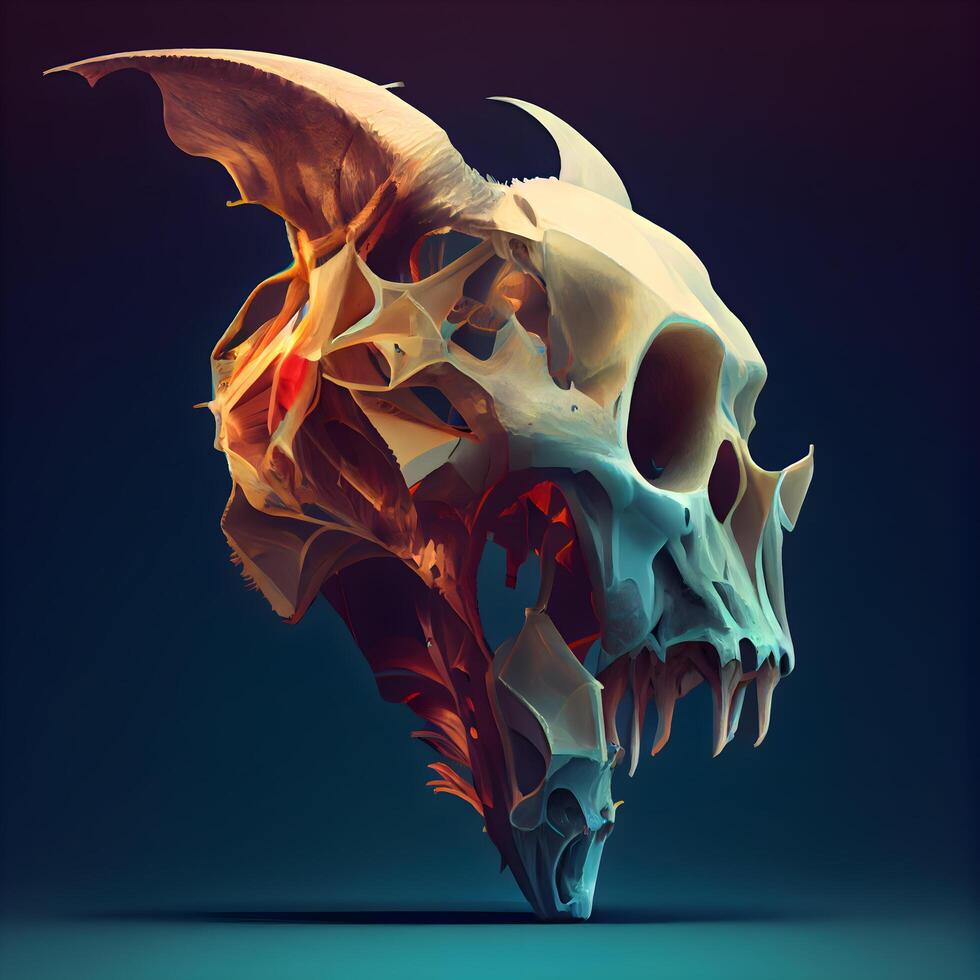 Skull of a dragon on a dark background. 3d rendering, Image photo