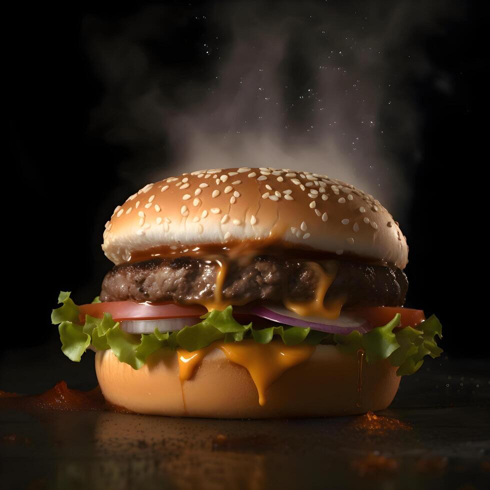 delicioso hamburguesa con queso con carne y vegetales en un negro fondo, ai generativo imagen foto