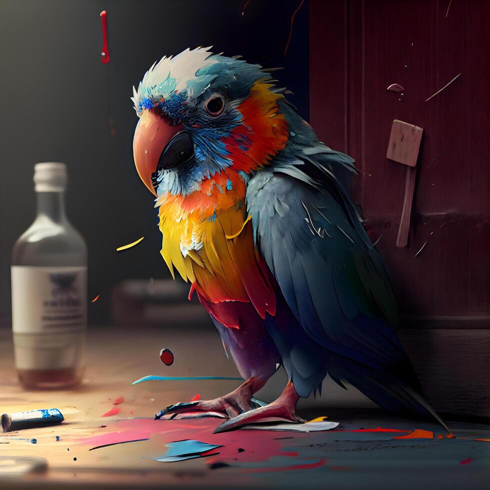 Colorful parrot with a bottle of vodka on the background., Image photo