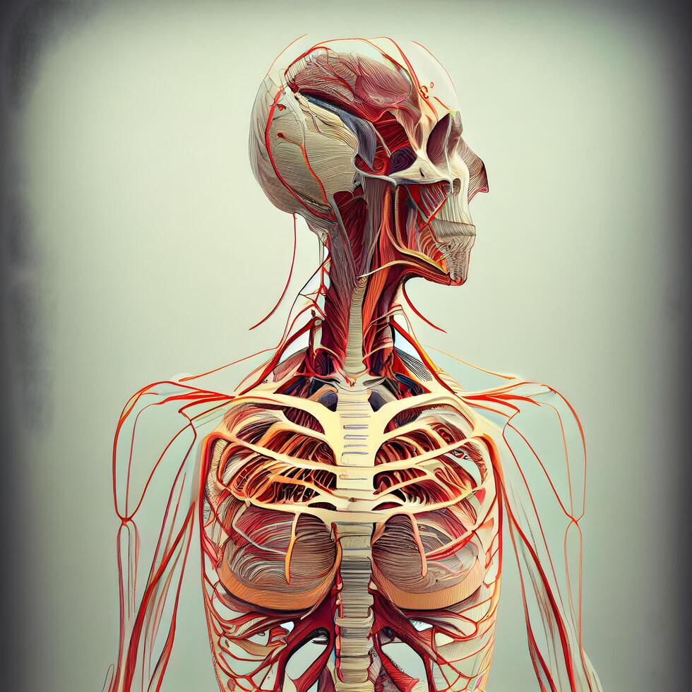 humano cuerpo con circulatorio sistema y nervioso sistema, 3d representación, ai generativo imagen foto