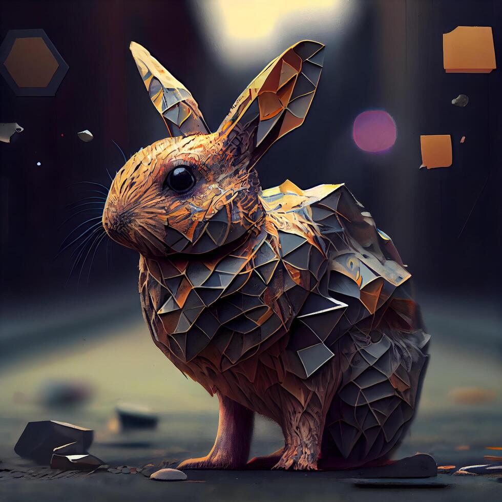 3d rendering of a golden rabbit on a dark background with cubes, Image photo