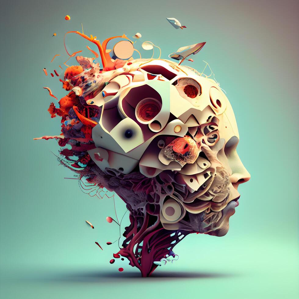 3d illustration of abstract human brain made of various objects and symbols, Image photo