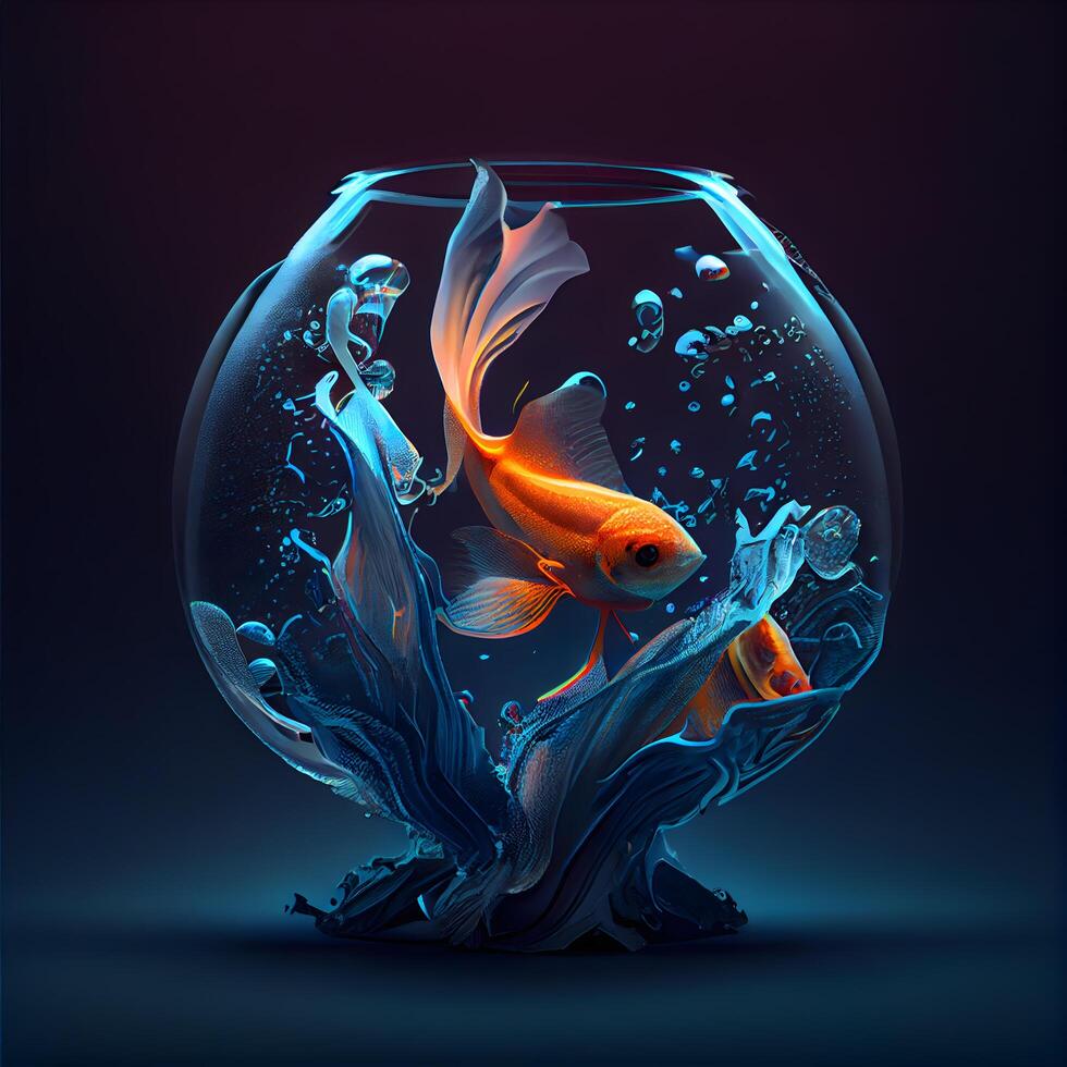 Goldfish in a round glass aquarium. 3d rendering, 3d illustration., Image photo