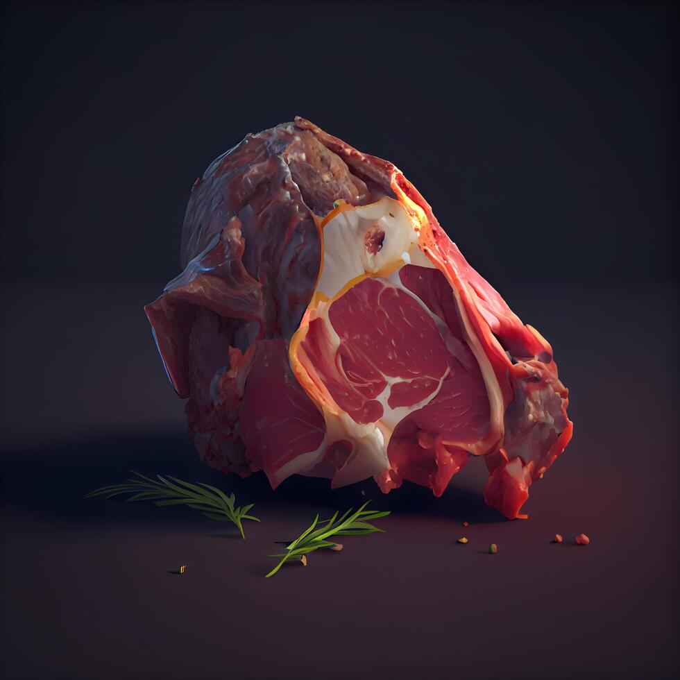 Raw meat with rosemary and spices on a dark background. 3d rendering, Image photo