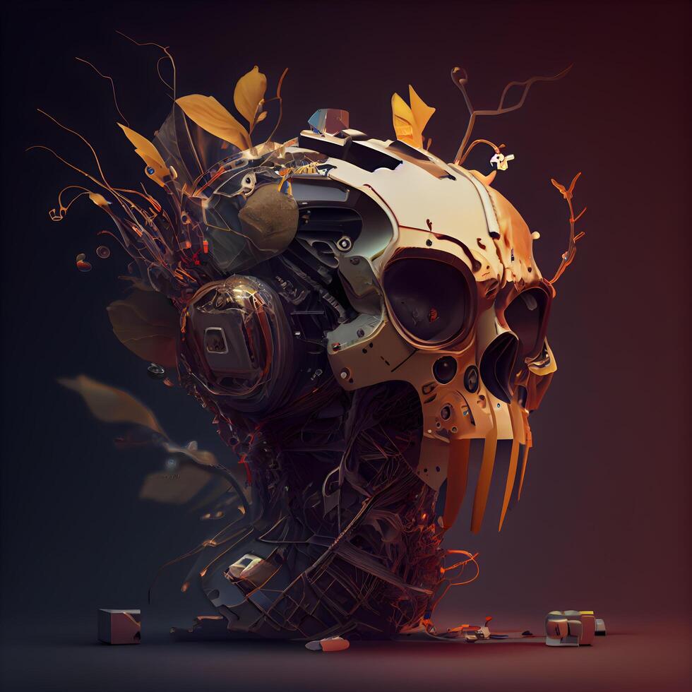 3D rendering of a robot head with a lot of floral elements, Image photo