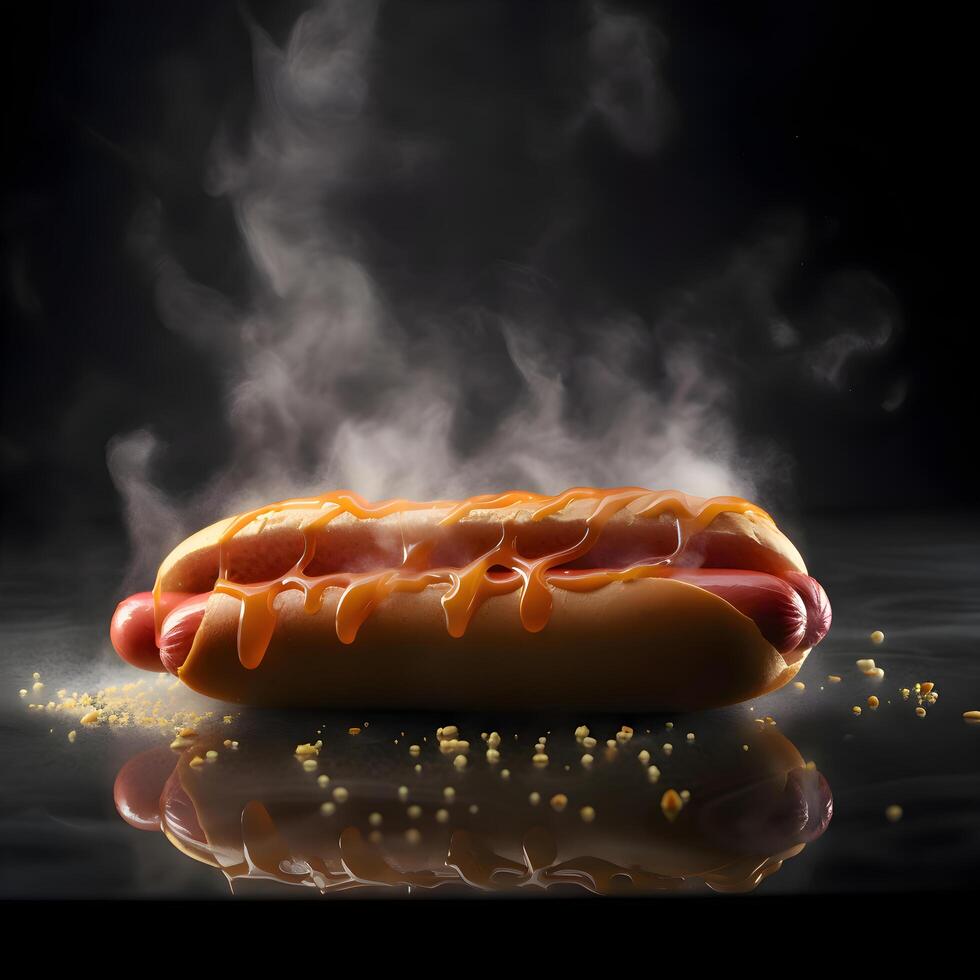 caliente perro con mostaza y salsa de tomate en un negro antecedentes con fumar, ai generativo imagen foto