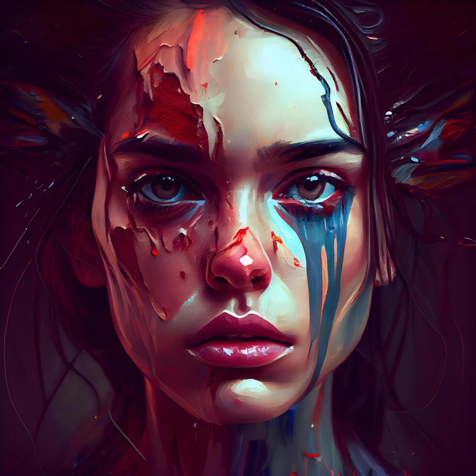 Portrait of a beautiful girl with red blood on her face., Image