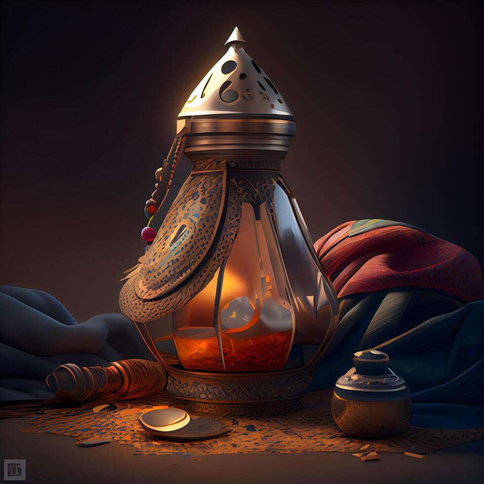Ramadan Kareem greeting card with kerosene lamp and golden coins, Image photo