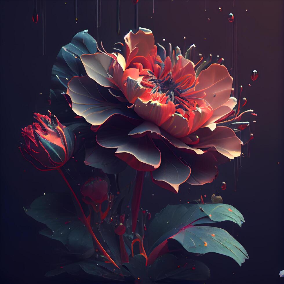 rojo peonía flor en un negro antecedentes. 3d ilustración., ai generativo imagen foto