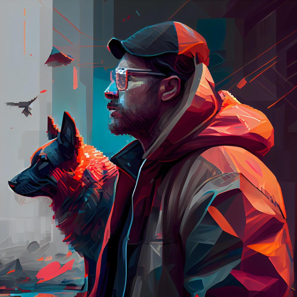 Portrait of a man with a dog in the city. illustration., Image photo