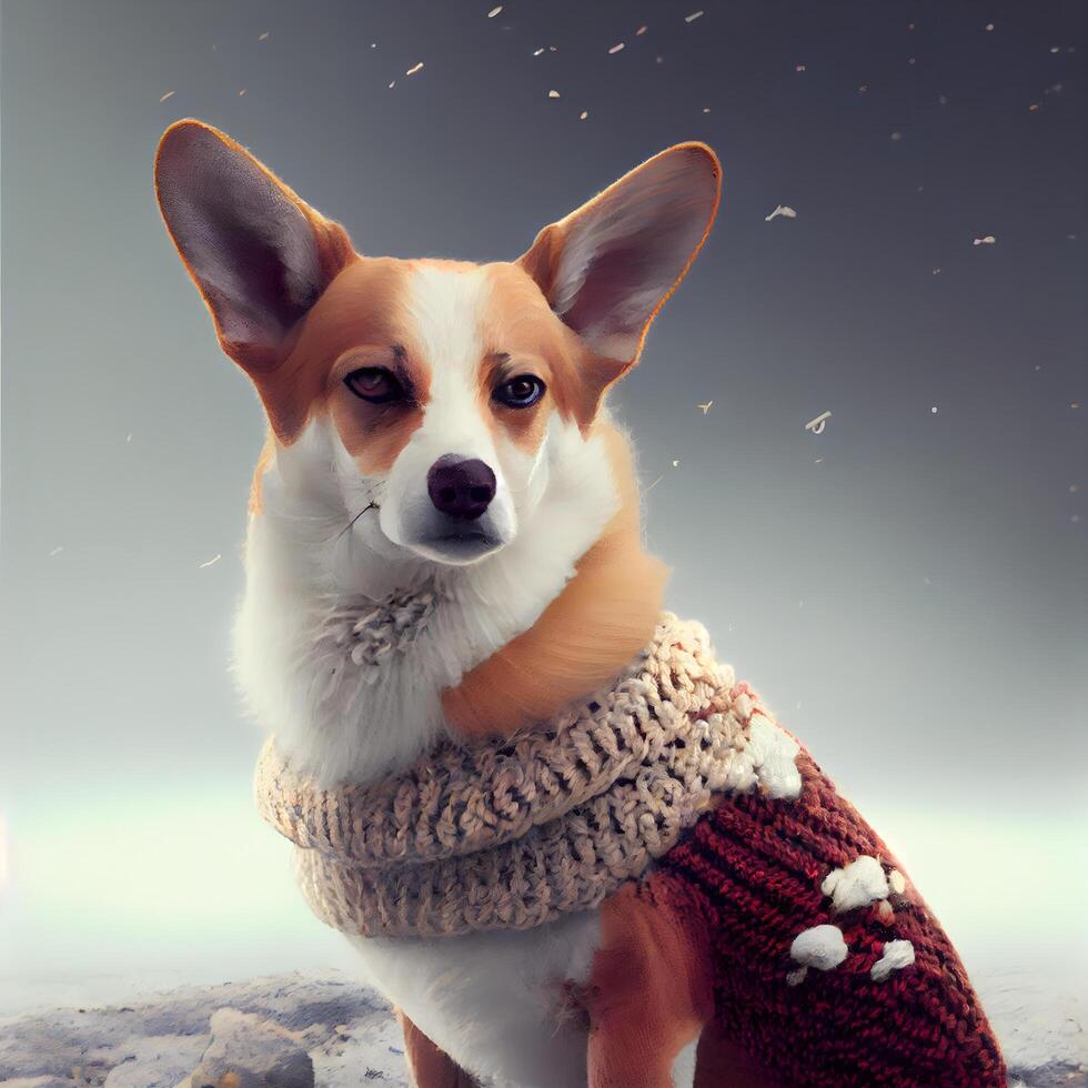 Cute corgi dog wearing scarf and warm scarf on winter background, Image photo